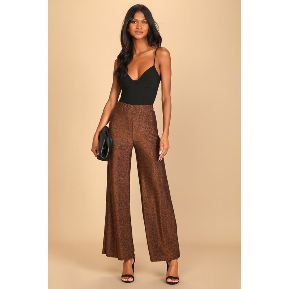Lulus Follow The Festivities Copper Wide-leg High-waisted Pants Gold - Size S
